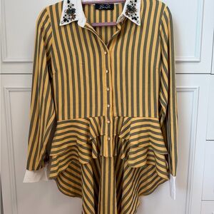 Beaded Collar Striped Peplum Button-Up Blouse and pants - Yellow & Gray set